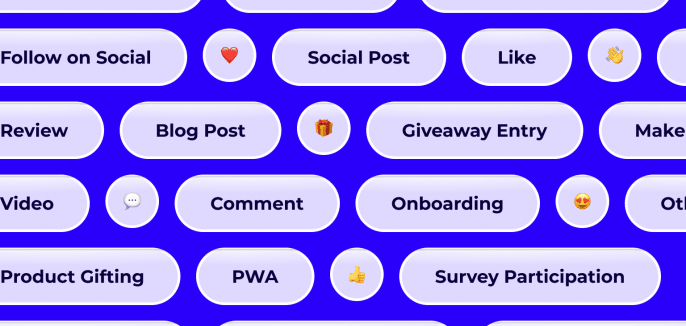 Task categories used to organize ambassador program tasks in BrandChamp - A colorful visual showing example task category labels such as Social Post, Like, Review, Follow on Social, and more, used in ambassador programs.